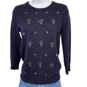 J.Crew Embellished Jewel Sweater XS Navy Mohair Wool Blend Beaded Holiday‎ Party